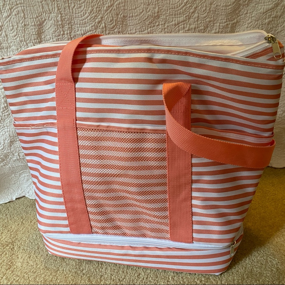 Peach striped cooler beach pool tote bag